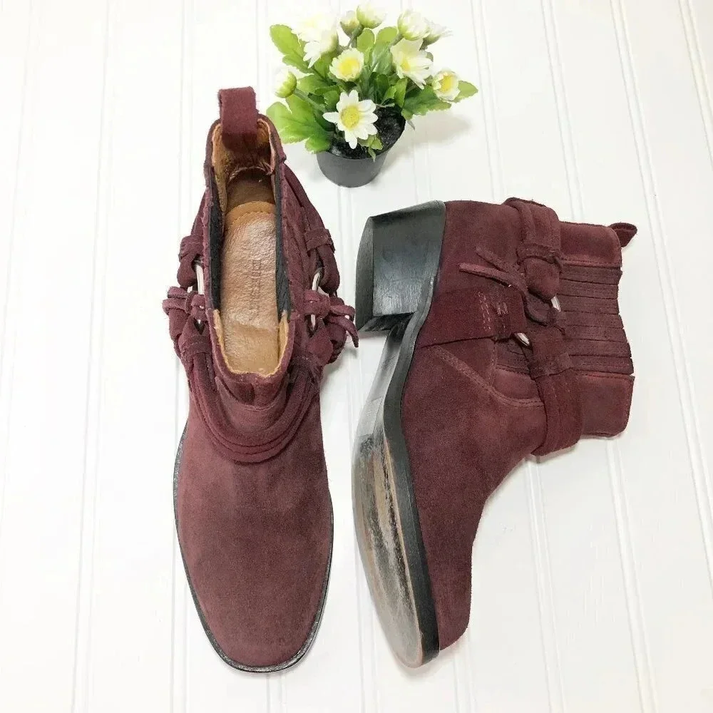 Diesel Maroon Suede Heeled Buckle Booties, Size 37